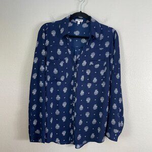 Express Womens Large Navy Blue Paisley Button Up Blouse Roll Tab Sleeve Shirt